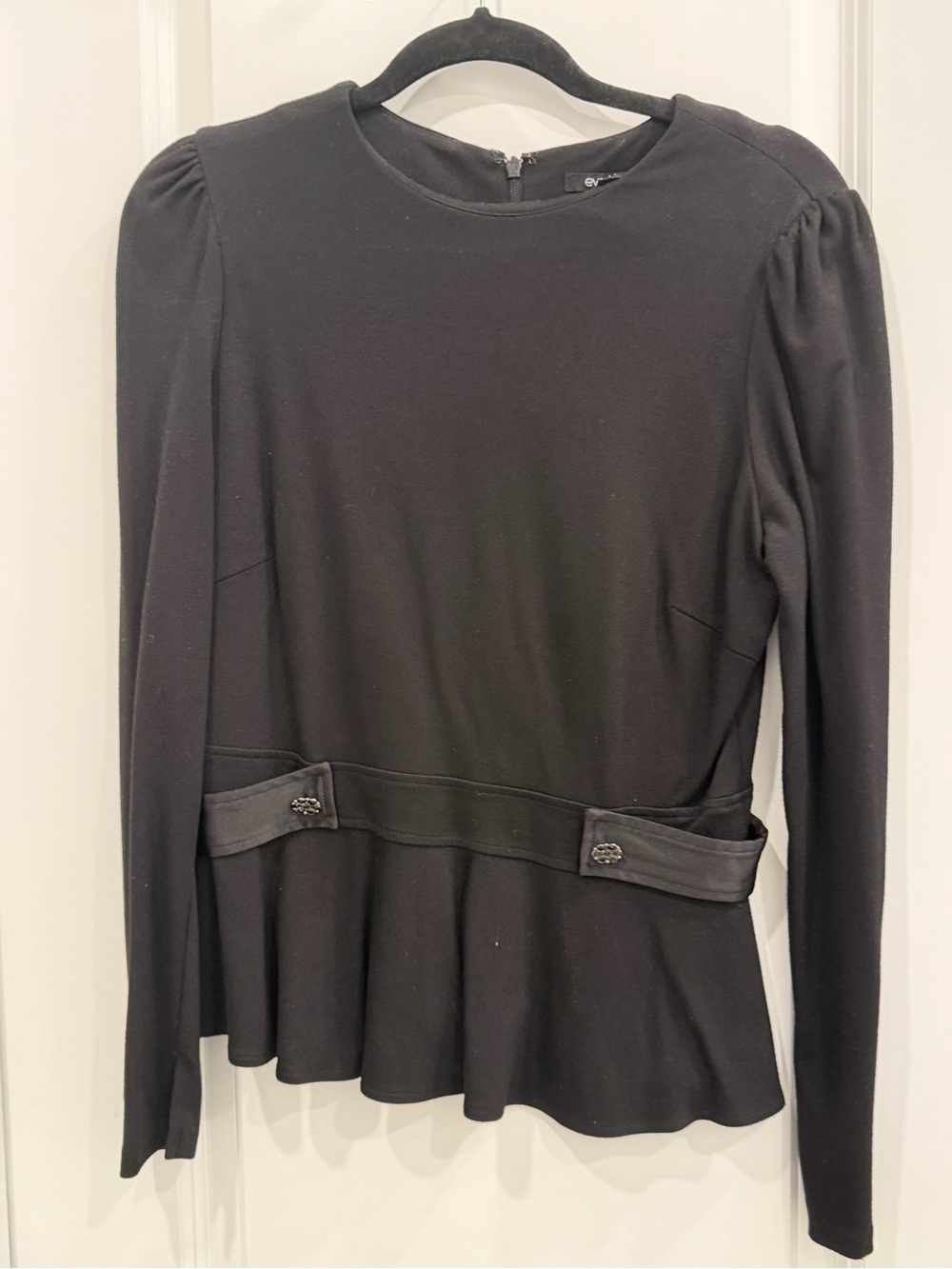 Black Long-Sleeve Peplum Blouse with Waist Tab Detail